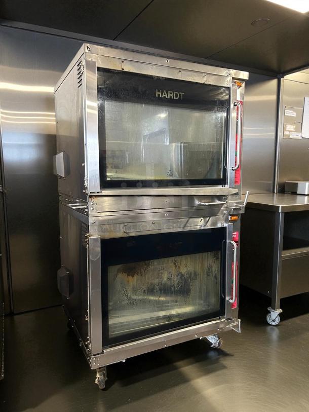 Hardt 4500 Inferno double stack natural gas rotisserie oven, stainless steel, tested and working, slight wear, on wheels.
