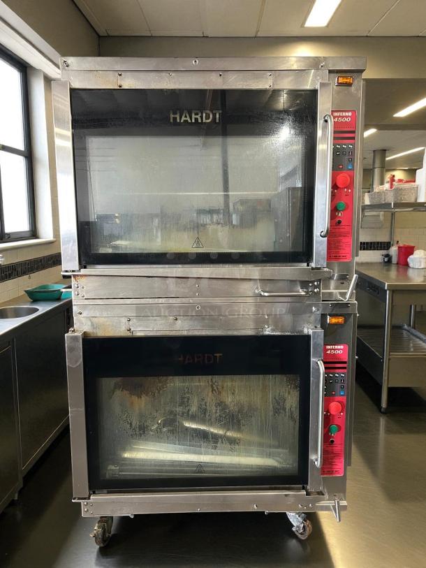 Hardt 4500 Inferno Double Stack Natural Gas Rotisserie Oven, tested and working, stainless steel, visible controls, caster wheels.