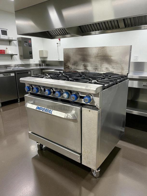 Imperial IR-6 36" 6 Burner Gas Range w/ Standard Oven, great condition, natural gas, tested, working, blue knobs, label visible.