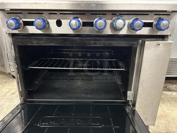 Imperial IR-6 36" 6-burner gas range with standard oven, natural gas. Tested, working, great condition, blue control knobs.
