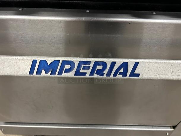 Imperial IR-6 gas range nameplate. Stainless steel, blue logo. Great condition.