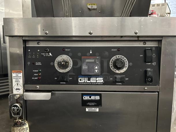 Giles WOG-MP-VH Electric Fryer, 70 lb vat, floor model, 208v/3ph, excellent condition. Control panel with status lights and labels visible.