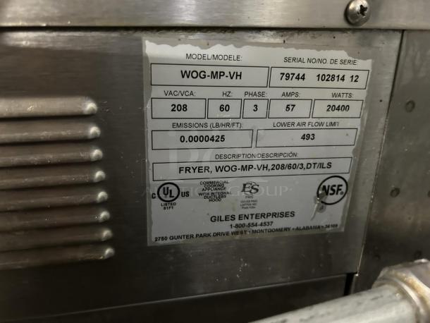 Giles WOG-MP-VH electric fryer label showing model info, 208v/3ph, 70 lb vat, NSF, UL listed, in excellent condition.