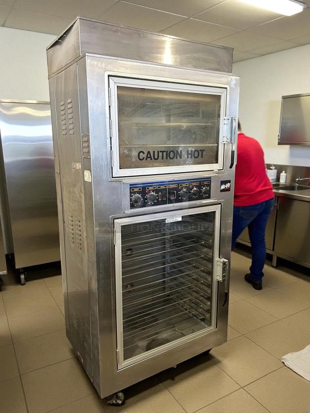 NU-VU QB-3/9 Double Deck Oven Proofer Combo in stainless steel. Labels: "CAUTION HOT." Like new, tested and working.