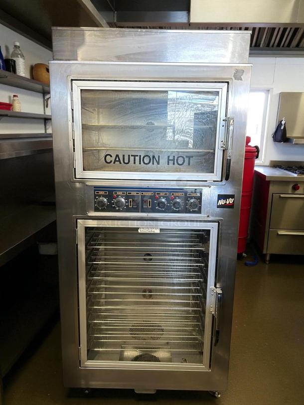 NU-VU QB-3/9 Double Deck Oven Proofer Combo, excellent condition, stainless steel, "CAUTION HOT" on door, electric, tested.