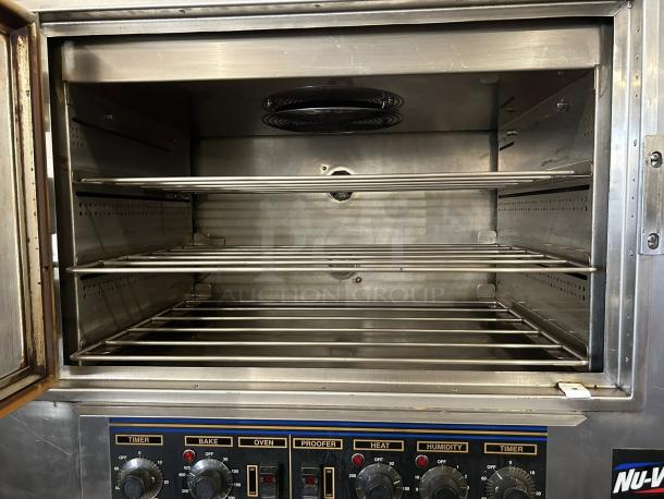 NU-VU QB-3/9 oven proofer combo in excellent condition, showing interior racks and control panel with settings.