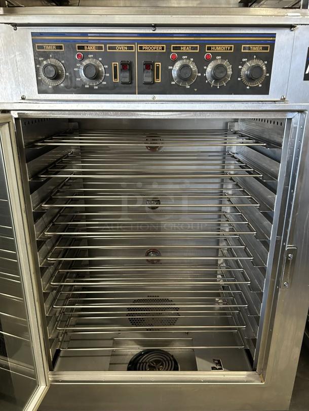NU-VU QB-3/9 double deck oven proofer in excellent condition. Features control panel with Timer, Bake, Oven, Proofer settings.