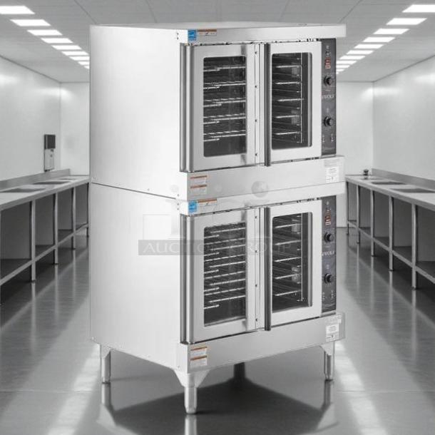 Wolf by Vulcan WC44GD-11D3 double deck convection oven, natural gas, tested working, stainless steel, clear doors.