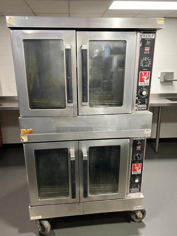 Wolf by Vulcan WC44GD-11D3 double deck natural gas convection oven. Tested, working, visible wear on edges, four glass doors.