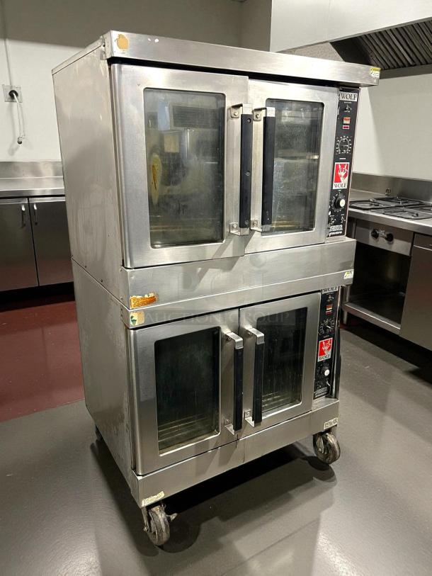 Wolf by Vulcan WC44GD-11D3 double deck convection oven, natural gas, stainless steel, tested, on wheels, visible wear.
