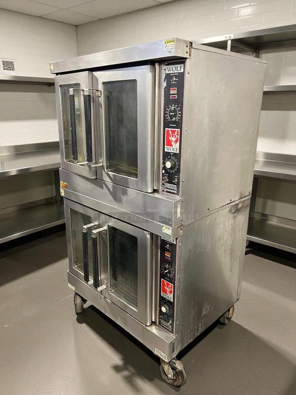 Wolf by Vulcan WC44GD-11D3 double deck convection oven, natural gas, tested and working, stainless steel, on casters.
