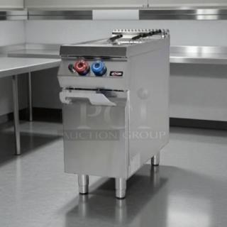 Rosito Bisani CPG1 gas pasta cooker with dual burners, tested and functional. Stainless steel, high BTU, 12-gallon capacity.