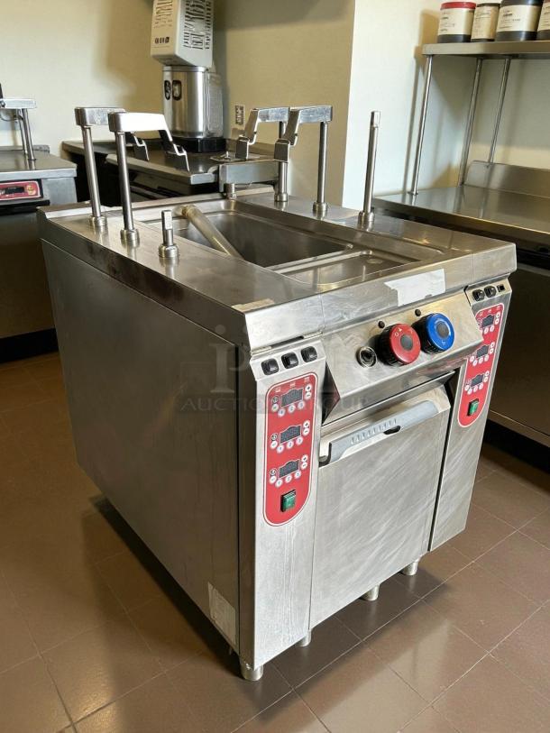 Rosito Bisani CPG1 gas pasta cooker, 12-gallon capacity, dual burners, stainless steel, tested and working, with control panel.