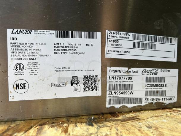 LANCER 4500-30 drink dispenser labels showing model, part numbers, voltage, and certifications. Tested and working.