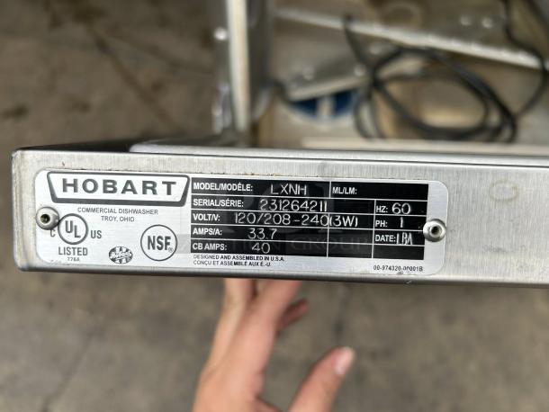 Hobart LXNH-2 dishwasher label detailing model, serial number, voltage (120/208-240V), amperage (33.7A), NSF certified.