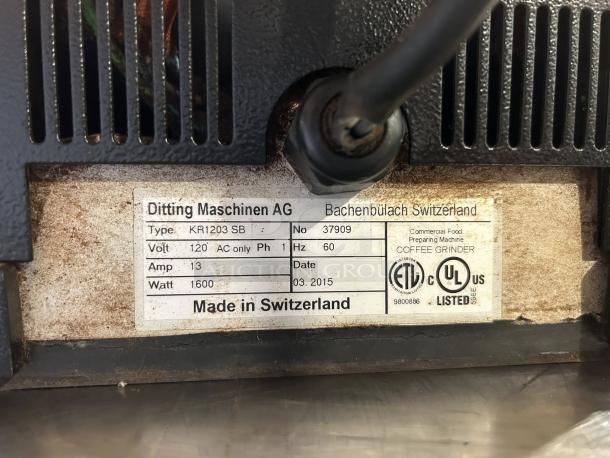 Ditting KR1203 commercial coffee grinder label, made in Switzerland, 120V, 1600W, great condition, tested and working.