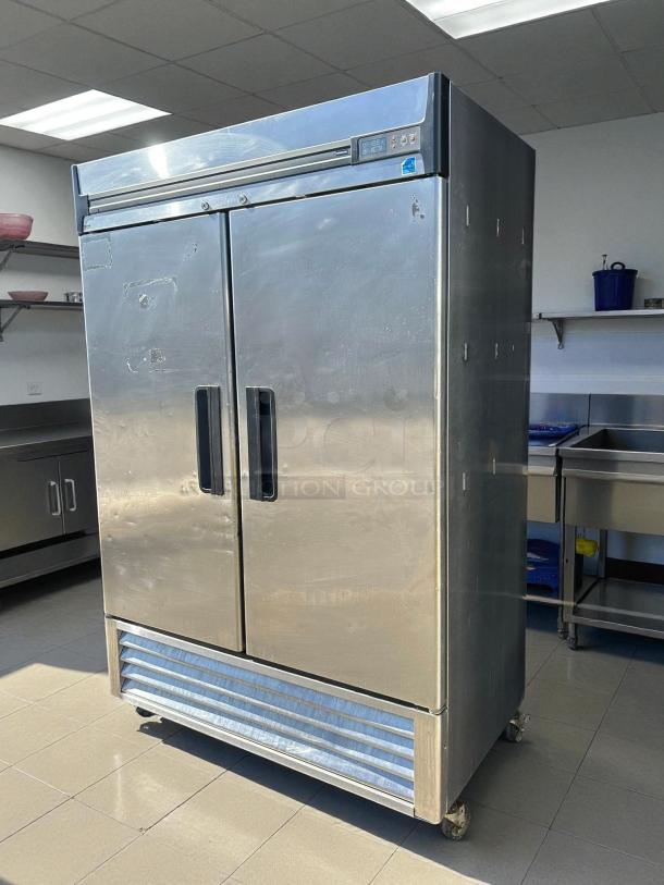 Blue Air BSR49T-HC 54" reach-in refrigerator with two solid doors, silver finish, excellent condition, tested and working.