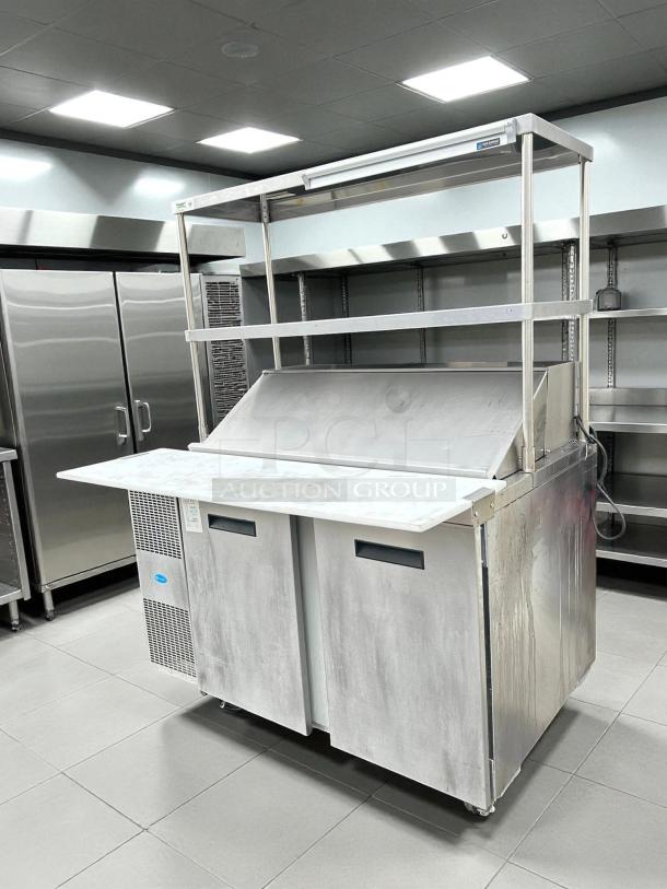 Randell 9030K-513 48" refrigerated counter, two-section, two-door, excellent condition, tested, working, stainless steel finish.