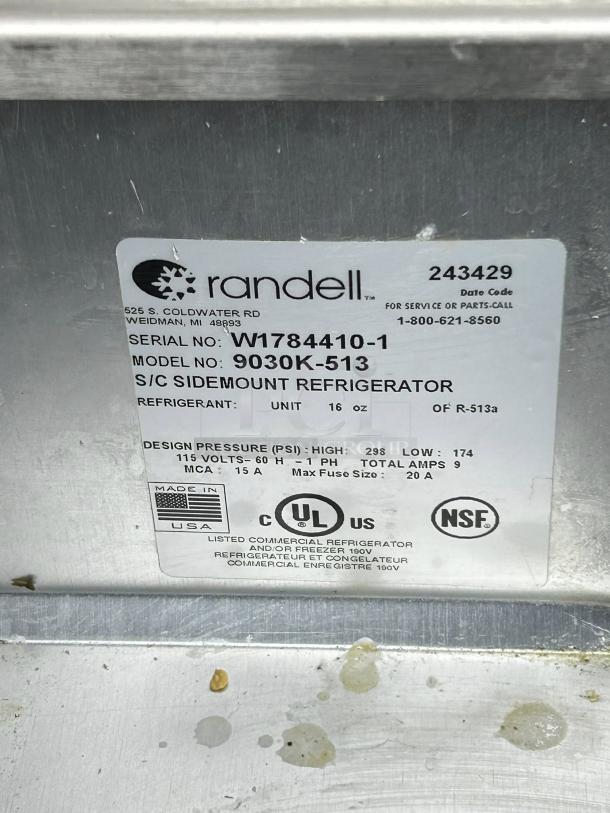 Label on Randell 9030K-513 refrigerated counter, shows serial number, design pressure, voltage, and certifications.
