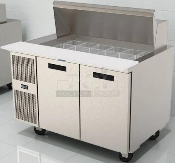 Randell 9030K-513 48" two-door refrigerated counter in excellent condition, with salad mega top, tested and working.