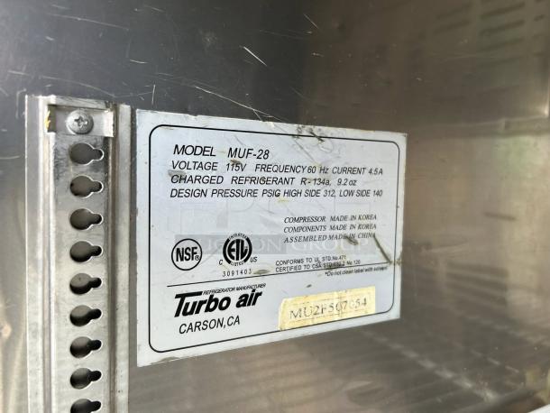 Turbo Air MUF-28-N M3 Series 28" Undercounter Freezer label, showing model, voltage, refrigerant type, and certifications.