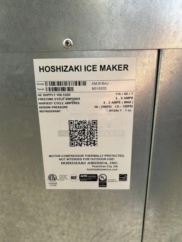 Hoshizaki KM-81BAJ ice machine label showing model, serial number, voltage, and certifications. Excellent condition.