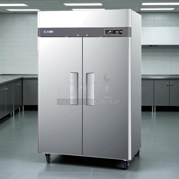 Turbo Air M3F47-2-N solid door reach-in freezer, tested working, stainless steel, dual doors, digital display, on casters.