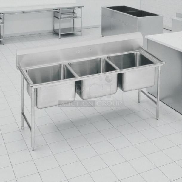 Advance Tabco T9-3-54-18L 3-compartment sink, 77", with 16"x20" bowls, 12" deep; stainless steel, excellent condition.