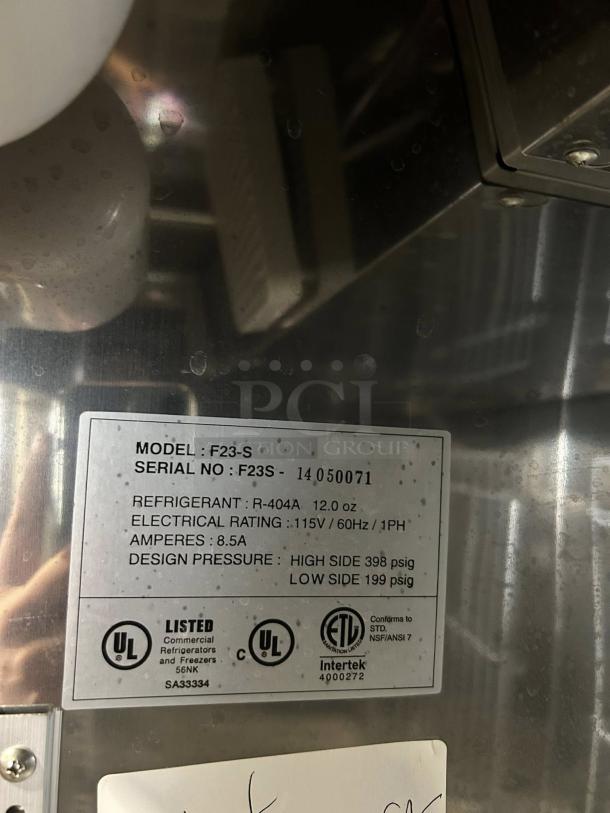 Nor-Lake NLF23-S freezer label showing model, serial number, refrigerant type, electrical rating, and certifications.