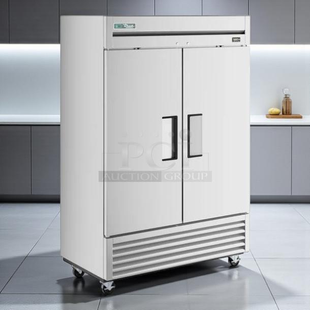 True T-49-HC 54 1/8" solid door reach-in refrigerator, tested and working, excellent condition, dual doors, on casters.