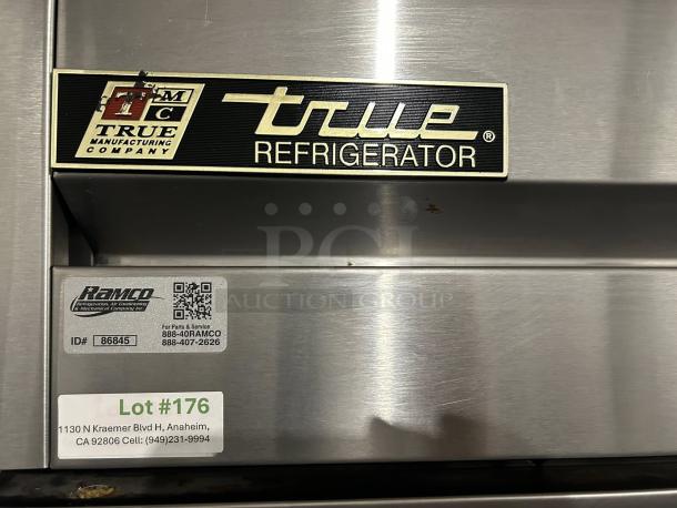 True T-49-HC refrigerator label, featuring the brand logo and contact details. Lot #176 sticker visible below.