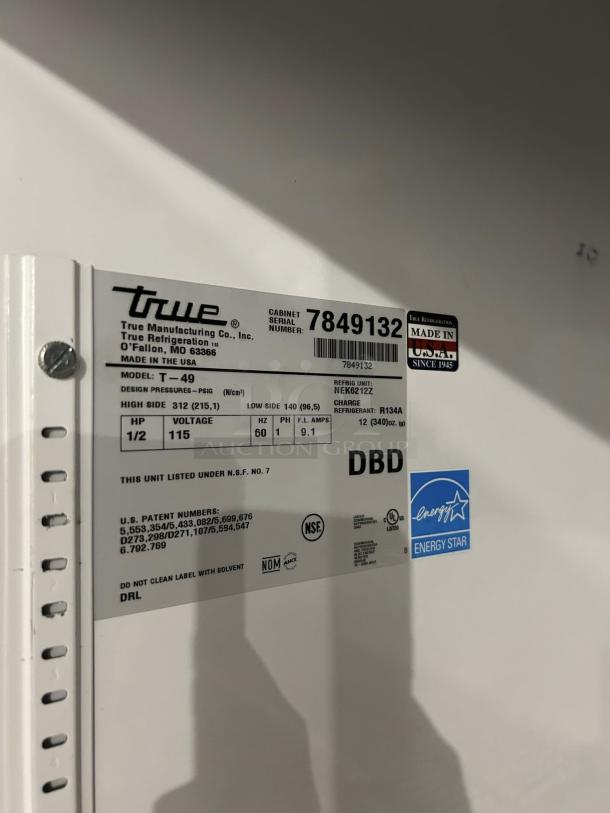 True T-49-HC 54" Solid Door Refrigerator label showing model, serial number, NSF certification, and Energy Star logo.