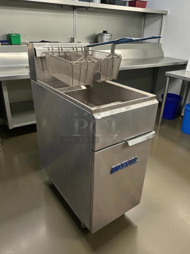 Imperial Range IFS-40NG natural gas fryer, 40 lb. capacity, excellent condition, tube fired, clean stainless steel finish.