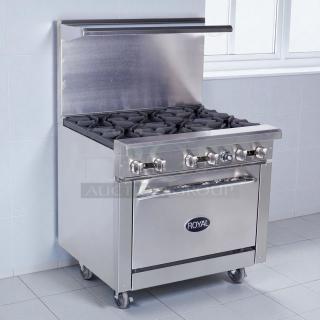Royal Range RR-6 gas restaurant range, 36" with 6 open burners and 1 standard oven, stainless steel, tested and working.