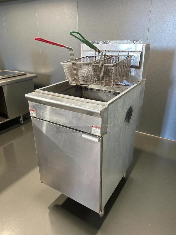 Adcraft GF-150 50lb gas deep fryer in excellent condition, tested and working, with dual baskets and visible control labels.