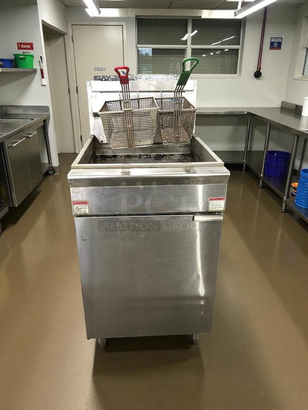 Adcraft GF-150 50lb gas deep fryer in excellent condition, tested and working, with dual baskets and visible safety labels.
