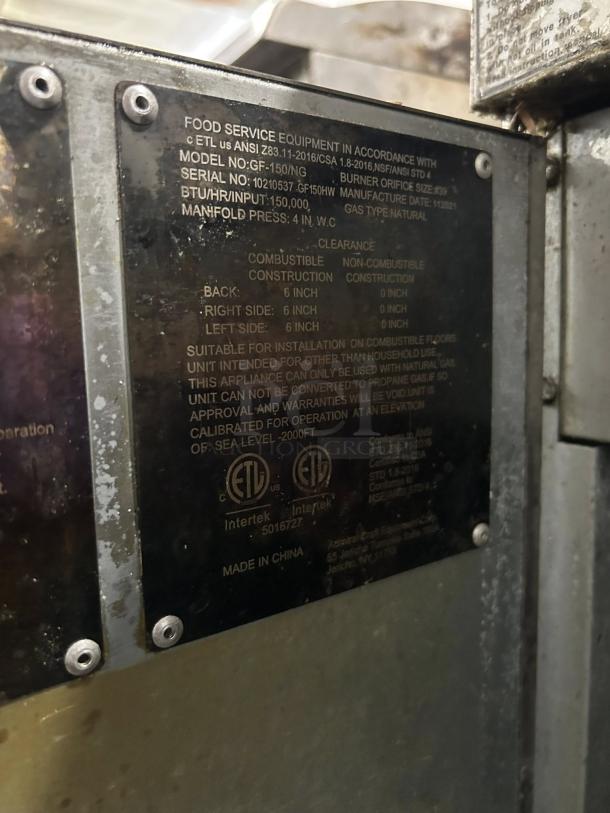 Adcraft GF-150/NG 50lb Gas Deep Fryer label; 150,000 BTU/hr input, tested working, ETL certified, made in China.