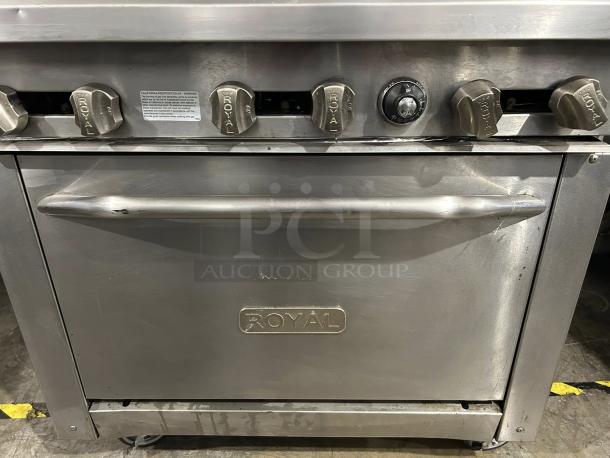 Royal Range RR-6 gas restaurant range, 36", with 6 open burners, standard oven, marked knobs, tested, working condition.