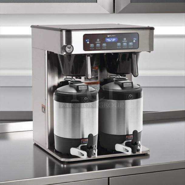 BUNN ICB Twin Coffee Brewer, stainless steel, dual dispensers, digital controls, 120/240V, excellent condition, tested working.