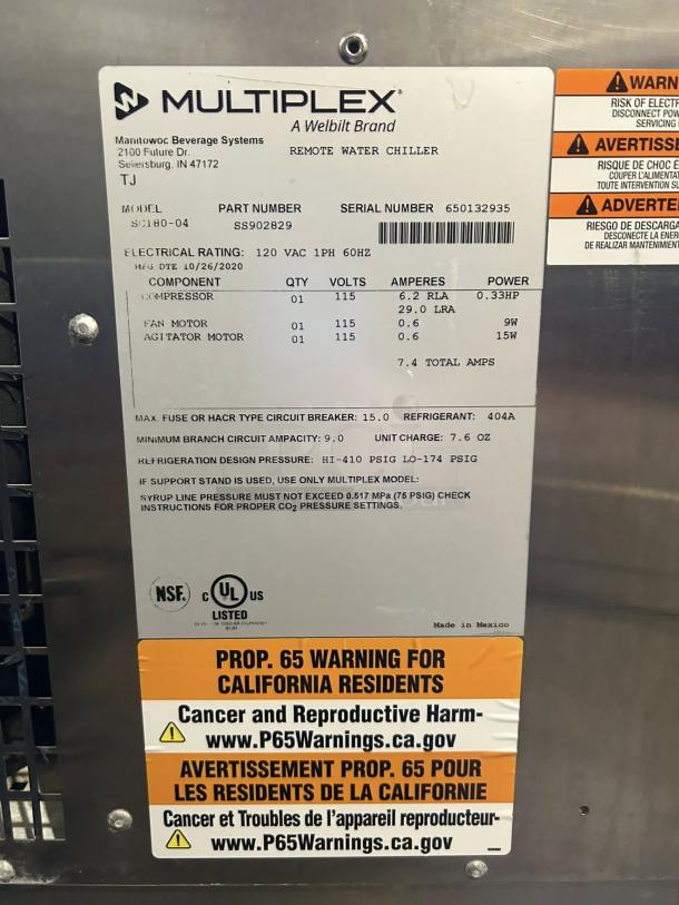 Multiplex SC180 water chiller label shows model, part, and serial numbers, 120V, 1PH, 60Hz. NSF and UL listed, Prop 65 warning.