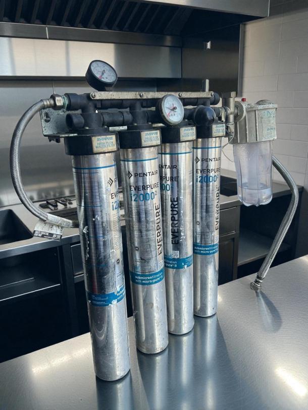 Everpure EV932504 water filter system with stainless steel cartridges, gauges, and model labels, tested and working condition.
