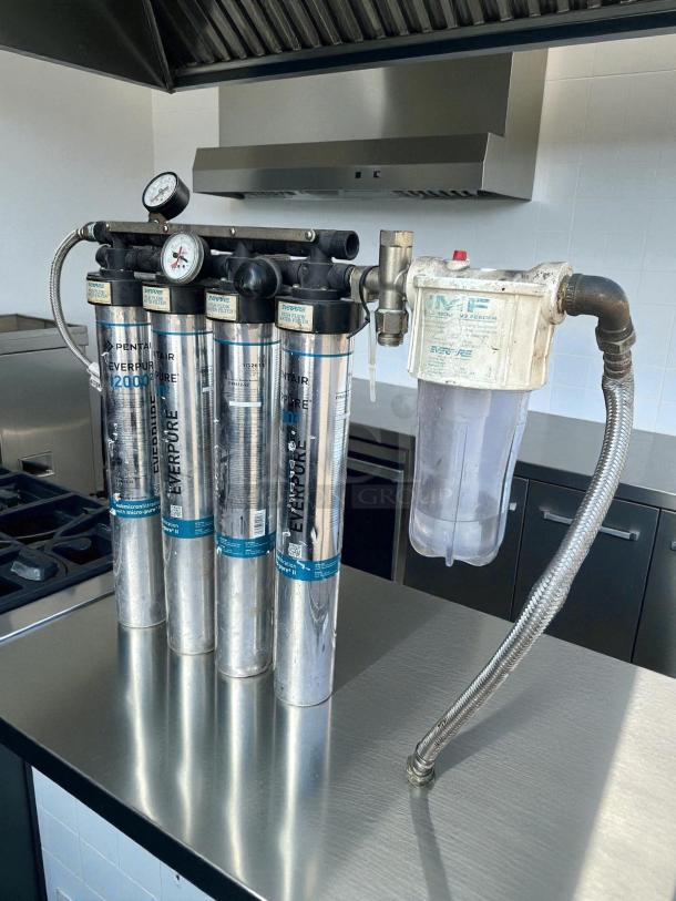 Everpure EV932504 ice machine water filter system, tested and working, features four canisters with gauges and hoses, stainless steel finish.