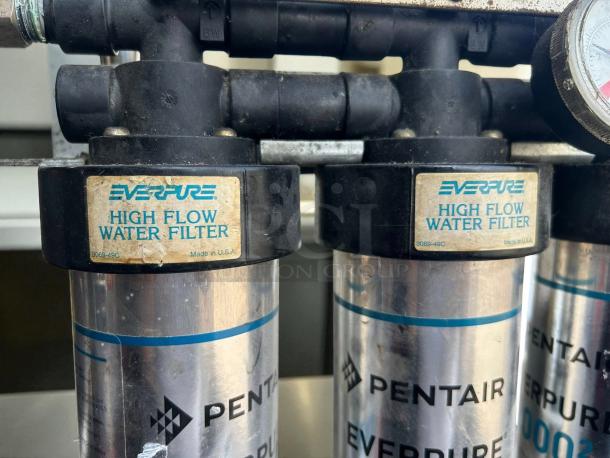 Everpure EV932504 Ice Machine Water Filter System, high-flow, tested, labeled "Made in USA," slightly worn labels, working condition.