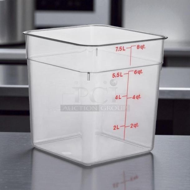 Clear Cambro CamSquares® 8 Qt. polycarbonate food container, model 8SFSCW. Excellent condition, red measurement markings.