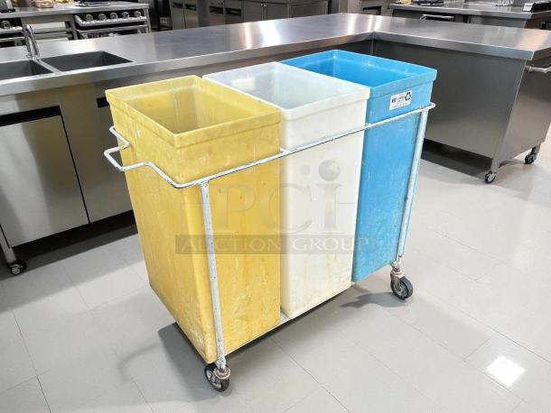 Faribo Manufacturing P434C/A 3-tank ingredient bin in excellent condition. Durable, colorful, 36-gallon capacity, on wheels.