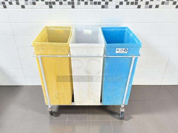 Faribo P434C/A 3-Tank Ingredient Bin, 36gal capacity, excellent condition, tested, yellow, white, blue bins, on wheels.