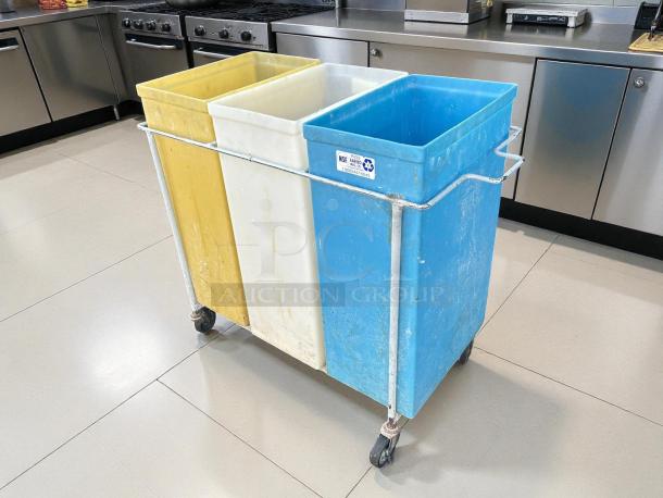 Faribo Manufacturing P434C/A 3-Tank Ingredient Bin, 36gal, excellent condition, yellow, white, blue bins, tested and working.