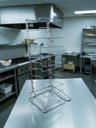 Choice 10-slot pizza pan rack, Model 407prack10so, in great condition. Sturdy metal construction, ideal for kitchen use.