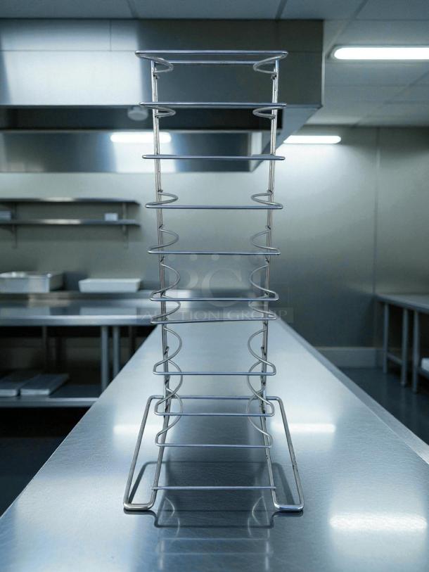 Choice 10-slot pizza pan rack, Model 407prack10so, stainless steel, excellent condition.