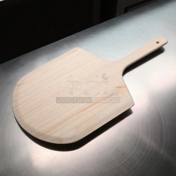 Winco WPP-1222 12" wooden pizza peel with rectangular blade, excellent condition, light wood grain finish.